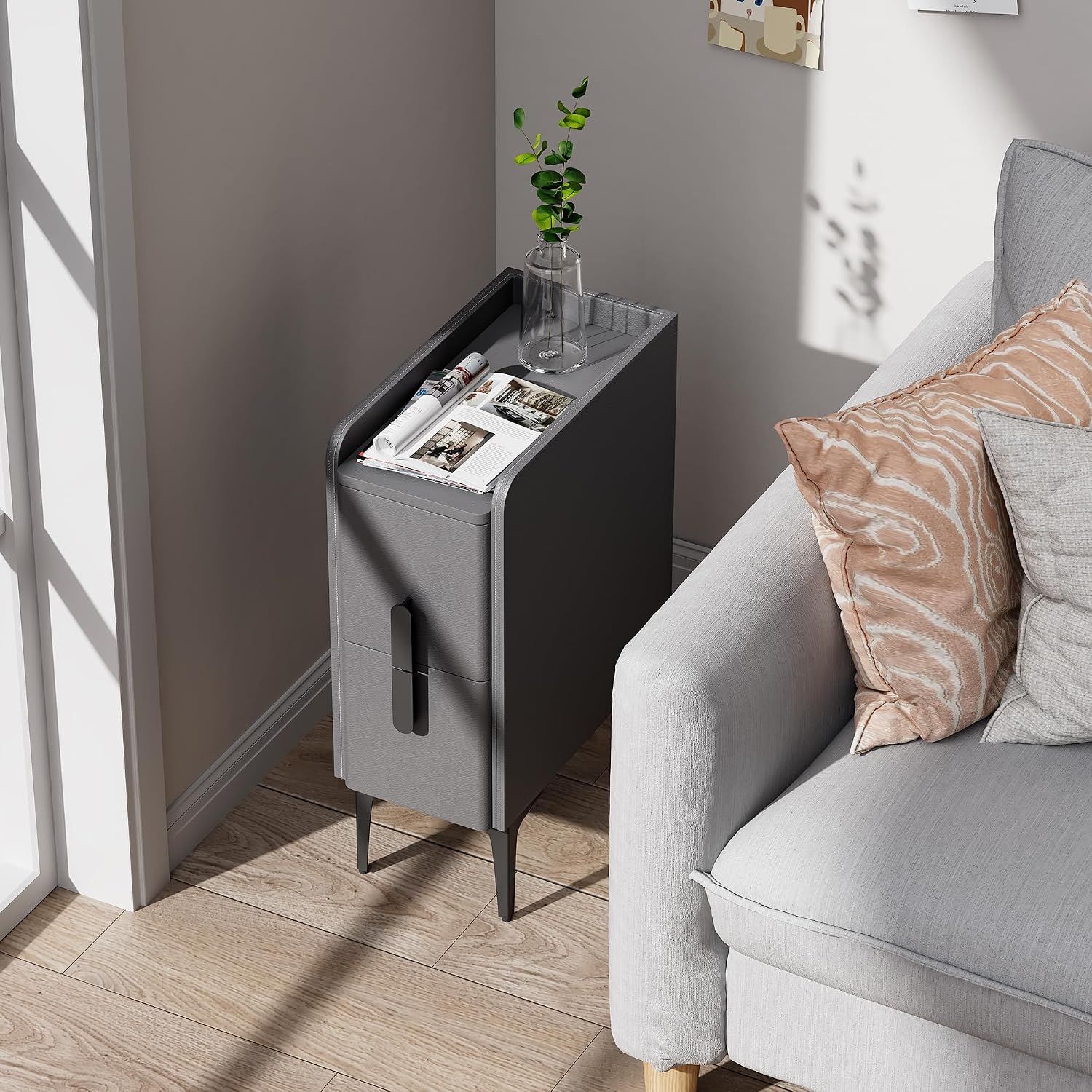 Size 15.7 D x 7.8 W x 22.4 H Color light grey VICITON Narrow Nightstand with 2 Drawers, Narrow Side Table Leather Surface, Slim Bedside Table for Bedrooms, Dormitories, Living Rooms (Light Gray, 15.7 D x 7.8 W x 22.4 H)